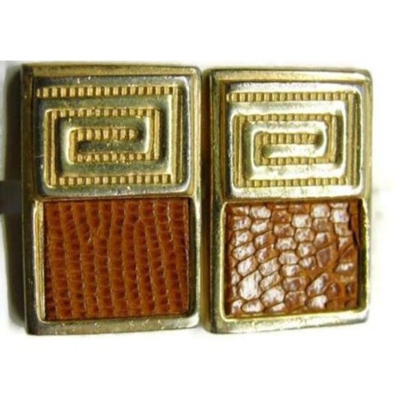 Gold Tone Cufflinks Lizard Leather Inserts Speidel Vintage Cuff Links Tux Shirt - Picture 2 of 11